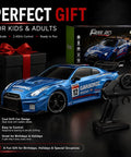 1:24 RC Drift Car With LED Lights 2.4GHz Remote Control Thrilling Speed Up To 23 Kilometers Per Hour Adjustable Pace Four Wheel Drive Offroad Drifter Realistic Sounds Epic Gift For Boys And Girls Aged Six Plus Blue Finish displayed with controller and box