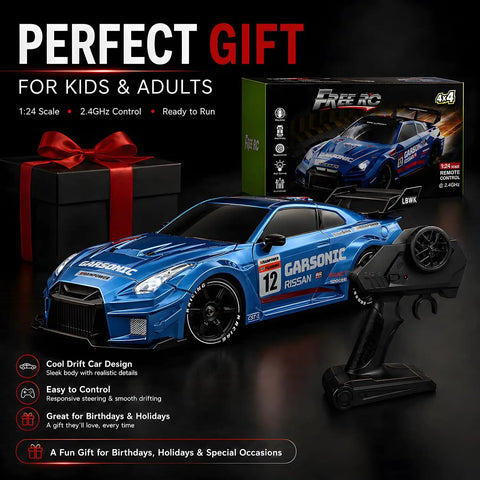 1:24 RC Drift Car With LED Lights 2.4GHz Remote Control Thrilling Speed Up To 23 Kilometers Per Hour Adjustable Pace Four Wheel Drive Offroad Drifter Realistic Sounds Epic Gift For Boys And Girls Aged Six Plus Blue Finish displayed with controller and box