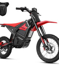 Electric Dirt Bike With Mid Drive 5500 Peak Power, 50 Mph Ebike in racing red with 17 inch off-road tire and hydraulic brakes.