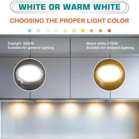 Under Cabinet LED Puck Lights 2 Pack 12V DC Plug In Daylight White comparing light colors daylight 6000K and warm white 2700K