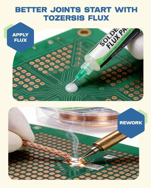Applying Lead-Free Rosin No Clean Solder Flux Paste Syringe on PCB board for electronics repair