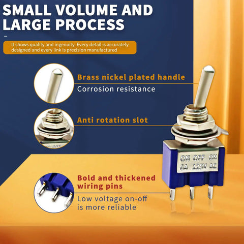 3 Position SPDT Mini Toggle Switch On Off On 3 Pin 6A at 125V and 3A at 250V Micro Toggle Switch for Arduino Projects With Durable Metal Housing Great For DIY Electronics Maker Projects and Arduino Experiments. Brass metal mini toggle switch with 3 pins and blue housing