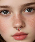 Bold 16G Christmas Themed Septum Ring Green And Red Stainless Steel 316L V Shaped Teardrop Daith Clicker on young woman's nose