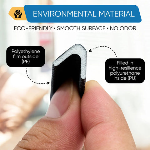 Close-up of hand holding V Shape Weatherstripping For Doors Self Adhesive Foam Door Seal Strip Black, showing materials and layers.