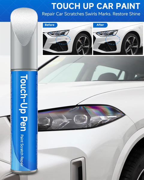 Exact Match Touch Up Paint Pen For Chevy GMC Buick And Cadillac Ice, Quick Silver, Switchblade Metallic Colors Easy Scratch Repair Color Match Pen For Quick Fix And Car Scratch Repair with before and after images of car scratch repair.