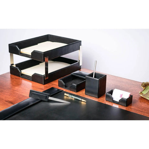 Black Bonded Leather 8-Piece Desk Accessory Set For Organization And Executive Decor including trays and pen stand on desk