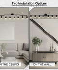 Eight Light Matte Black LED Track Lighting System for kitchen and hallway, ceiling and wall installation options shown in room settings.