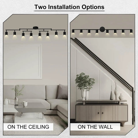 Eight Light Matte Black LED Track Lighting System for kitchen and hallway, ceiling and wall installation options shown in room settings.