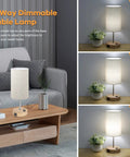 Set Of 2 Bedside Lamps With USB Ports And AC Outlet Touch Control 3 Way Dimmable Wooden Base Nightstand Lamps With Beige Fabric Shade shown on table