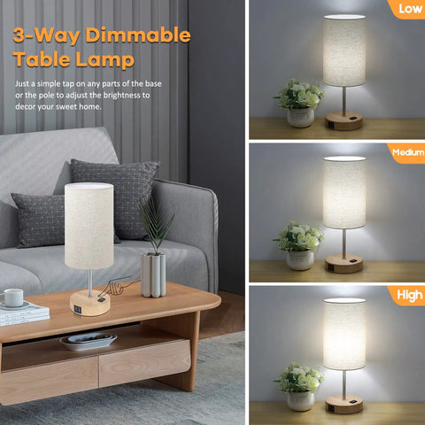Set Of 2 Bedside Lamps With USB Ports And AC Outlet Touch Control 3 Way Dimmable Wooden Base Nightstand Lamps With Beige Fabric Shade shown on table