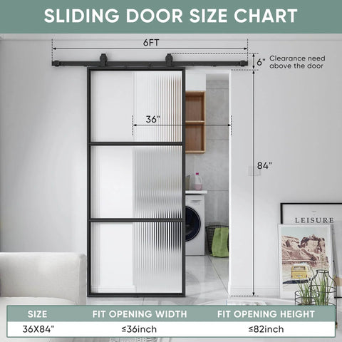Glass Barn Door 36x84 Reeded Glass With Carbon Steel Pre Drilled Frame Sliding Door Panel Includes 6 Ft Hardware Kit Installed