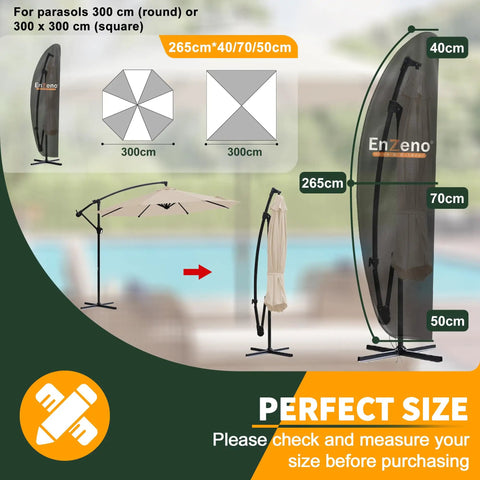 Diagram of Cantilever Umbrella Cover 9 to 13 ft Waterproof Oxford Fabric dimensions for offset umbrellas and parasols.