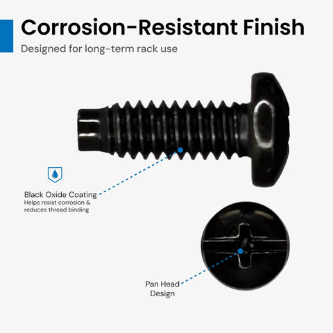 Close-up of the Rock Solid Boss Level Rack Mount Screw featuring #12-24 threads and black oxide coating for corrosion resistance.