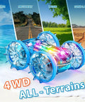 Amphibious Remote Control Monster Truck For Kids, 2.4GHz RC Car With LED Lights on beach next to multi-terrain backdrop