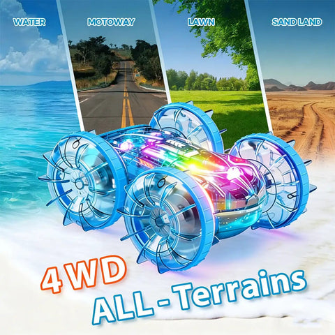 Amphibious Remote Control Monster Truck For Kids, 2.4GHz RC Car With LED Lights on beach next to multi-terrain backdrop