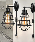 Two Pack Plug In Wall Sconces Set Industrial Wire Cage Black Farmhouse Vintage Wall Lighting with Plug In Cord