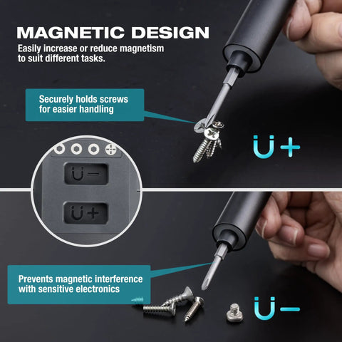 Mini Electric Screwdriver Set 49-In-1 Precision Torque For Delicate Electronics And Diy Repairs Cordless Rechargeable Tool showcasing magnetic design for screw handling.