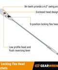 Half Inch Drive 84 Tooth Locking Flex Head Teardrop Ratchet, 17 Inch Length, Enclosed Head, Chrome Finish with Flush Mounted On Off Switch