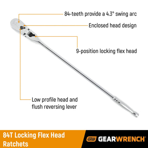 Half Inch Drive 84 Tooth Locking Flex Head Teardrop Ratchet, 17 Inch Length, Enclosed Head, Chrome Finish with Flush Mounted On Off Switch
