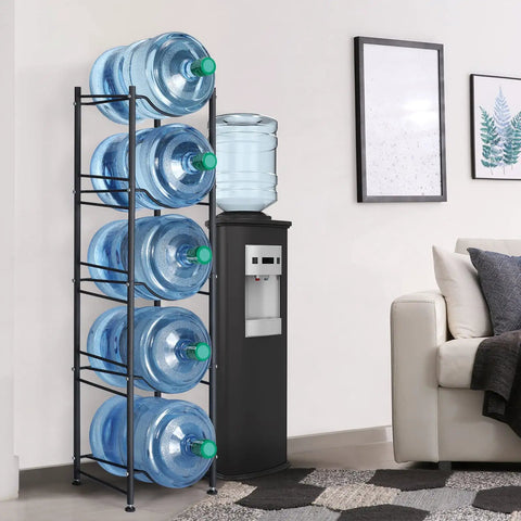 Five Gallon Water Jug Holder And Five Tier Heavy Duty Water Cooler Rack With Detachable Stand in a living room setting
