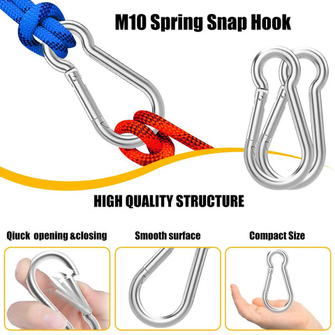 Heavy Duty Beefy Spring Snap Hook Carabiner Clip 4 Inch Quick Link Steel M10 Three Eighths Zinc Galvanized with rope attachment