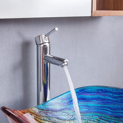 Slick Tempered Glass Vessel Bowls With Clean Striped Oval Shape For Your Modern Bathroom Vanity Counter Setup No Faucet Included Badass Scratch Proof Build And Smooth Top Shelf Finish featuring elegant wash basin with flowing water.