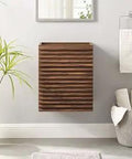 18 Inch Wall Mount Bathroom Vanity in Walnut Finish With Modern Mid Century Style Wall Hung Design for Small Bathrooms
