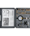 Ultimate Fuel Injection Diagnostic Kit With 0 To 100 PSI Gauge in molded case showing adapters and manual
