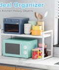 Expandable Kitchen Storage Shelves With Heavy Duty Metal Build, white stackable organizer holding appliances and kitchenware.