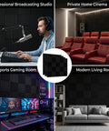 52 Pack Black Acoustic Foam Tiles With Bonus Double Sided Tape in broadcasting studio, home cinema, gaming, and living room settings.