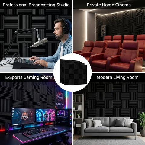 52 Pack Black Acoustic Foam Tiles With Bonus Double Sided Tape in broadcasting studio, home cinema, gaming, and living room settings.