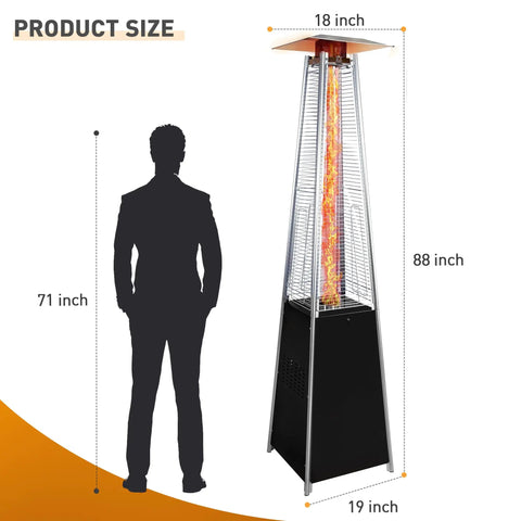 Outdoor Propane Patio Heater 48000 BTU With Detachable Wheels And Protective Cover Black High Heat Space Heater next to silhouette