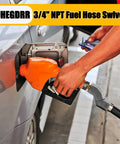 Three Quarter Inch NPT Fuel Hose Swivel With 360 Degree Rotation, Rotating Connector For Fuel Transfer Pumps And Nozzles, Multi Plane Swivel To Prevent Kinking, Safer Easier Fueling And Quick Durable One Piece Build, orange nozzle on car