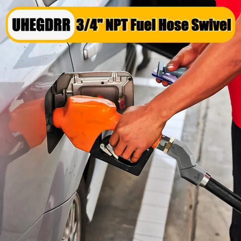 Three Quarter Inch NPT Fuel Hose Swivel With 360 Degree Rotation, Rotating Connector For Fuel Transfer Pumps And Nozzles, Multi Plane Swivel To Prevent Kinking, Safer Easier Fueling And Quick Durable One Piece Build, orange nozzle on car