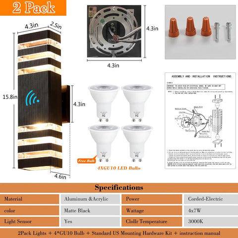 Dusk To Dawn Outdoor Wall Light Fixture 14W 3000K Warm White IP65 Aluminum with accessories and installation guide, 2 pack