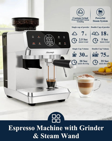 Twenty Bar Bean To Cup Espresso Machine With Built In Conical Burr Grinder Delivering Forty Four Precision Grind Settings And A Clever Touchscreen Interface For Game Changing Daily Latte Creations At Home on a kitchen countertop.