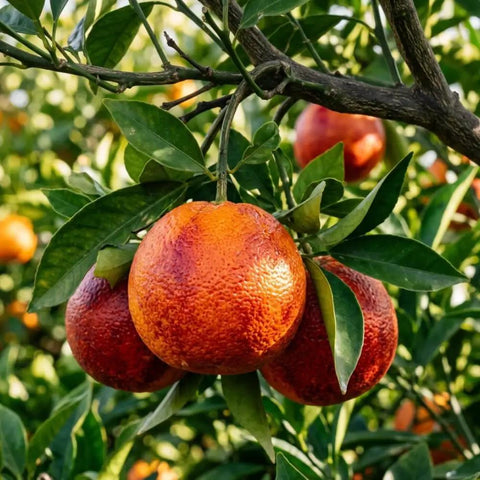 Blood Orange Tree 1-2 Feet Tall in 1 Gallon Pot, Upright Dwarf Citrus for Home Orchard, Produces Sweet Oranges, Easy Care, Rare Fruit, Container Friendly for Patio or Small Garden showing ripe fruit on branch