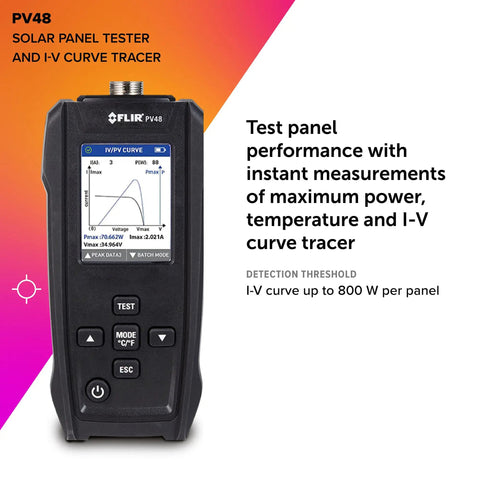 Solar Panel Tester And IV Curve Tracer With Temperature Readings For Quick Max Power And Efficiency Checks Large Sun Readable LCD Graphical IV Analysis Up To 800 Watts Per Panel
