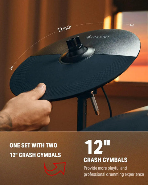 12-inch crash cymbal from Electric Drum Set For Adults Full Size That Feels Pro With 10 Inch Quiet Mesh Pads 12 Inch Crash Cymbals 100 Kits 900 Plus Sounds 50 Demo Songs Sticks USB MIDI And Built In Learn And Play App