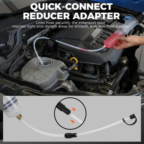 Using 200cc Fluid Extractor Syringe Oil Pump With 23 Inch Flexible Hose on car engine for fluid transfer.