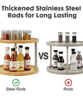 Two Tier Lazy Susan Organizer with thickened stainless steel rods showcasing durability against wooden rods comparison.