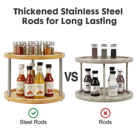 Two Tier Lazy Susan Organizer with thickened stainless steel rods showcasing durability against wooden rods comparison.