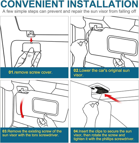 Installation steps for Ram 1500 Sun Visor Repair Kit 2019-2026, 2 Pack Aluminum Visor Clips For Trucks shown in diagram.