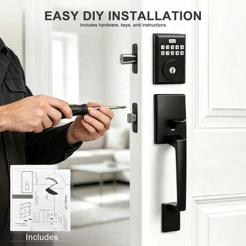 Installation of Top Shelf Keyless Entry Door Lock With Durable Handle Kit And Bright Backlit Keypad on a white door.
