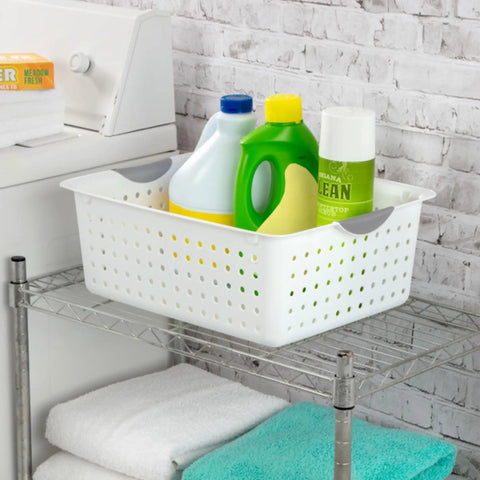 Large Ultra Storage Baskets Pack Of 6 For Closet, Cabinet, And Pantry Organization, white bin on shelf with cleaning supplies