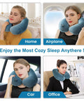 Inflatable Travel Neck Pillow With Washable Pillowcase U Shaped Comfort For Airplane Train And Car Rides Two Breath Inflation Adjustable Firmness Lightweight And Compact For Office Naps And On The Go in use at home, airplane, car, and office settings.