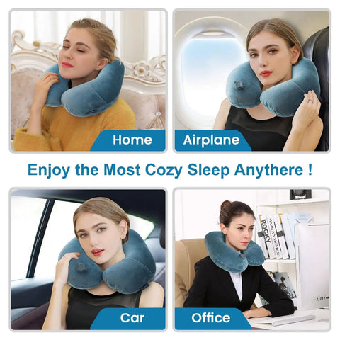 Inflatable Travel Neck Pillow With Washable Pillowcase U Shaped Comfort For Airplane Train And Car Rides Two Breath Inflation Adjustable Firmness Lightweight And Compact For Office Naps And On The Go in use at home, airplane, car, and office settings.