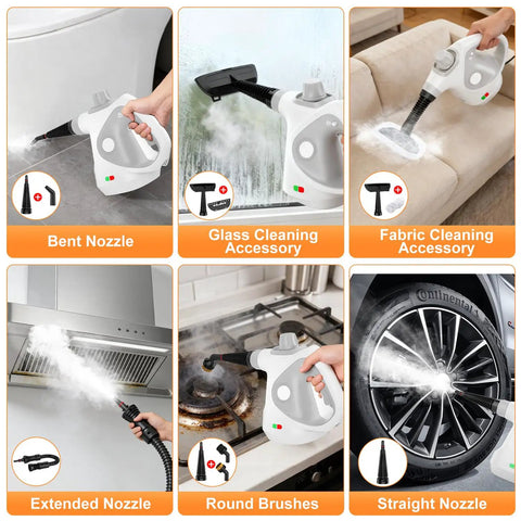 Powerful Portable Handheld Steamer Shooting Scalding Vapor To Wreck Stubborn Pan Grease And Baked On Filth On Tile Linoleum And Fabric Seats With 14 Heavy Duty Tools For No Sweat Scrubbing And Spotless Shine, showcasing various nozzles and accessories.