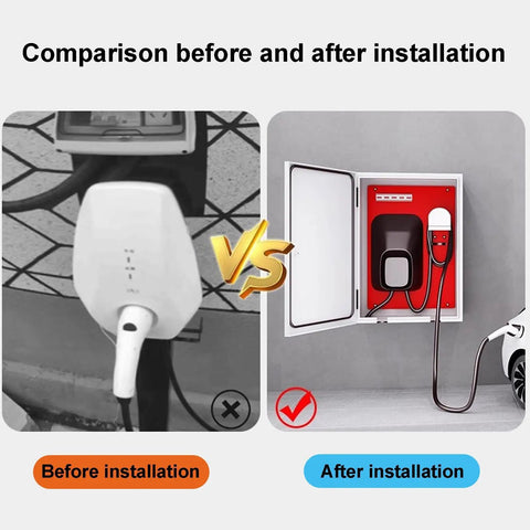 Comparison of Heavy Duty Galvanized Steel Charging Station Enclosure before and after installation, showcasing EV charger protection.