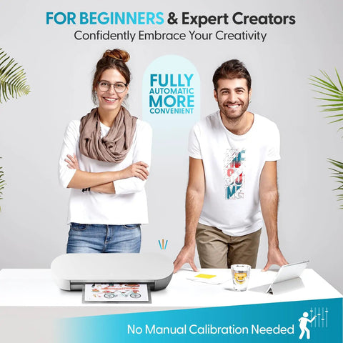 People standing next to a compact vinyl cutter for home decals, 4 to 9 inch wide, with studio software, ultra quiet operation about 50 dB.